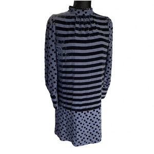 Marc By Marc Jacobs Navy Velvet Polka Dot & Striped Long Sleeve Shift Dress